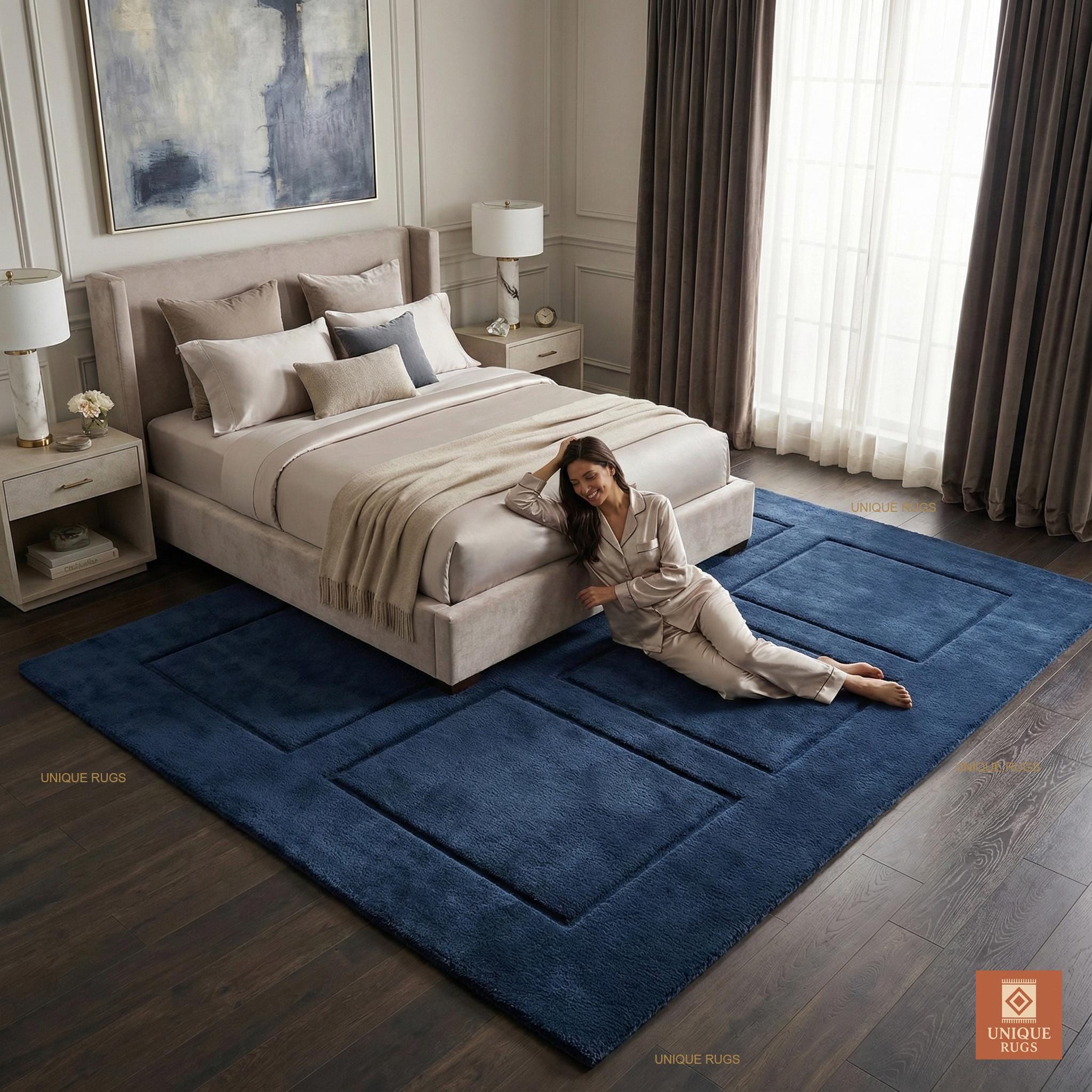Deep Navy Blue Hand Tufted Wool Rug Modern Geometric Square Textured ...