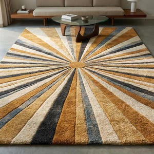 Retro Sunburst Hand Tufted Wool Rug, Sunrise Design Area Carpet for Luxury Decor