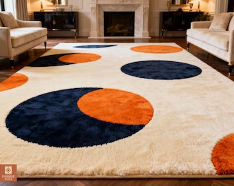 Mid Century Modern Geometric Rug Hand Tufted Wool Blue Orange Circles Area Carpet