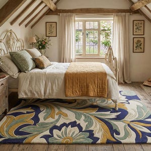 May include: A bedroom scene featuring a bed with a white headboard, cream bedding, and a mustard-colored throw. A large rug with a blue, yellow, and green floral design covers the floor. The room has a rustic, cozy feel with wooden beams and a fireplace.