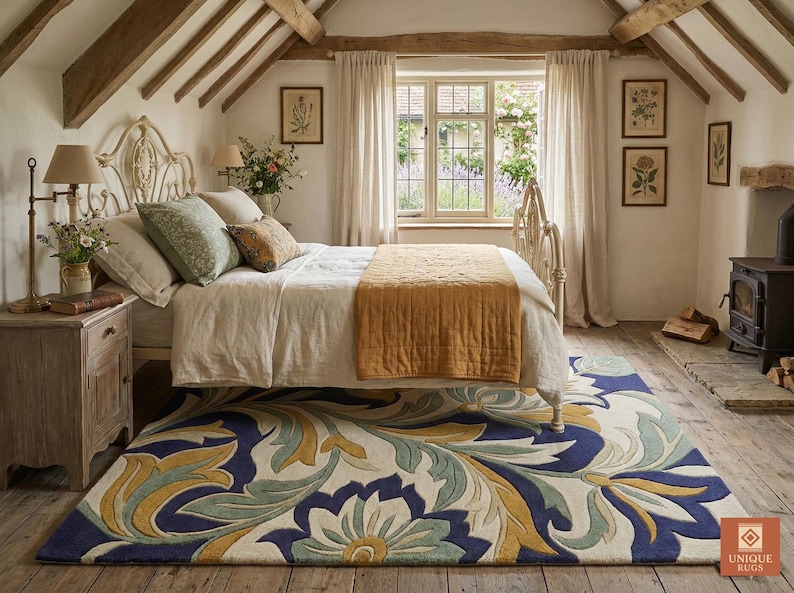 May include: A bedroom scene featuring a bed with a white headboard, cream bedding, and a mustard-colored throw. A large rug with a blue, yellow, and green floral design covers the floor. The room has a rustic, cozy feel with wooden beams and a fireplace.
