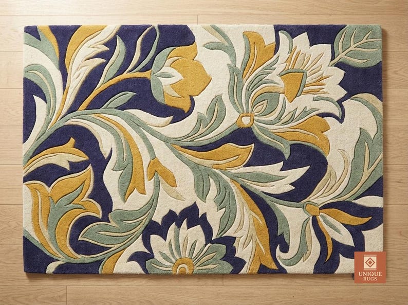 May include: Rectangular rug with a floral design. The rug features a navy blue background with cream, yellow, and sage green floral patterns. The design includes stylized flowers and leaves, creating a decorative and artistic look. The rug is placed on a wooden floor.