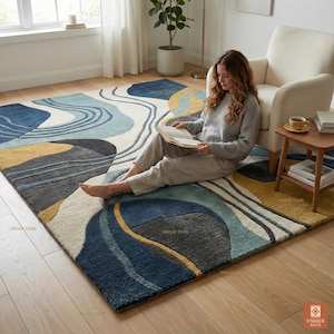 Organic Wave Pattern Hand Tufted New Zealand Wool Rug Abstract Aqua charcoal Cream Carpet