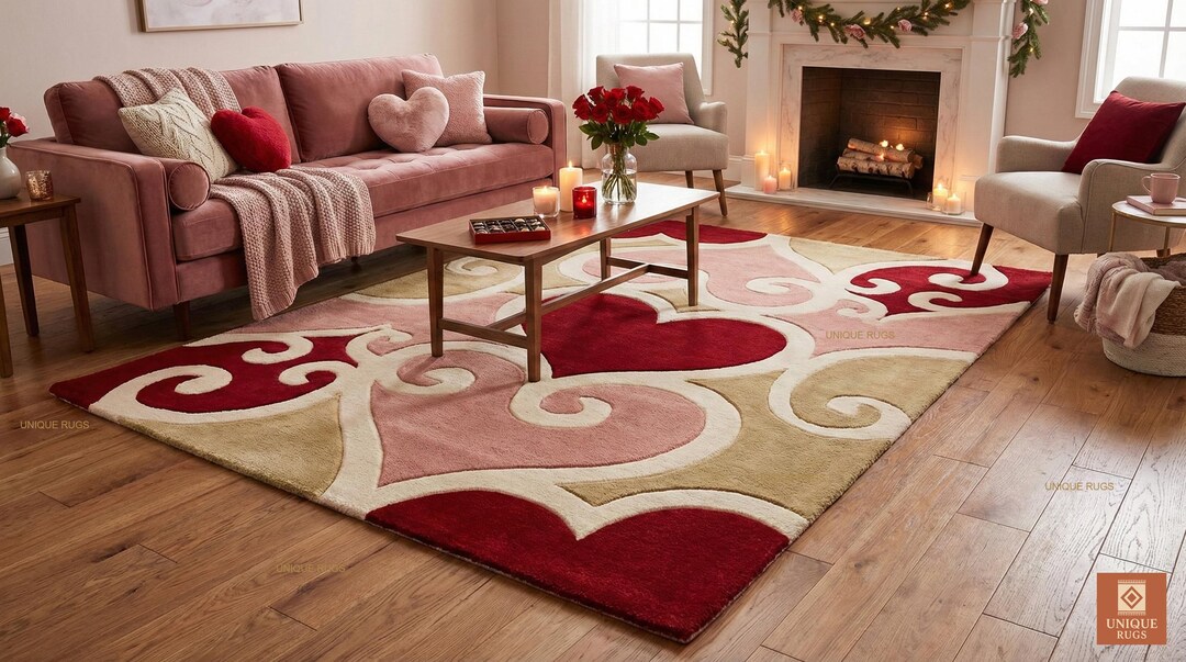 Scared Heart Rug Hand Tufted Wool Heart Area Rug Red Pink Romantic Scroll Design for ...