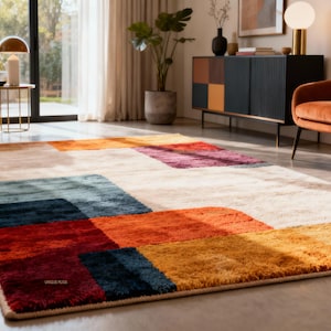 Pode incluir: Um tapete retangular com um design de patchwork. O tapete apresenta grandes blocos de cor irregulares, incluindo bege, laranja, vermelho, azul e roxo. O tapete é colocado sobre um chão de cor clara numa sala bem iluminada. O texto "UNIQUE RUGS" é visível no tapete.
