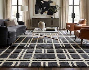 Charcoal Cream New Zealand Wool Geometric Rug Hand Tufted Modern Grid Design Area Rug