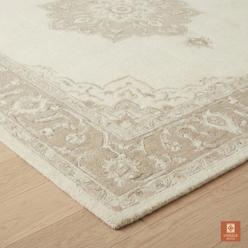 Cream Color Area Rug Elegant Traditional Hand Tufted Wool Rug Cream Beige Medallion Border ...