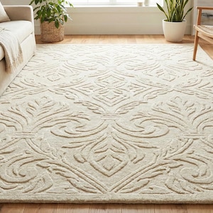Luxurious Ivory Hand Tufted Wool Rug Carved Damask Texture Modern Living Room Area Carpet