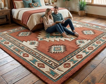 Handgetufteter Teppich aus Neuseeland-Wolle Rost Terracotta Tribal 3D Textur Luxusteppich