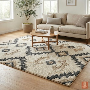 Op de afbeelding: Crèmekleurig vloerkleed met een geometrisch patroon in zwart en bruin. Het vloerkleed ligt in een woonkamer met een beige bank, een ronde houten salontafel en een plant in een pot. Het vloerkleed is rechthoekig.