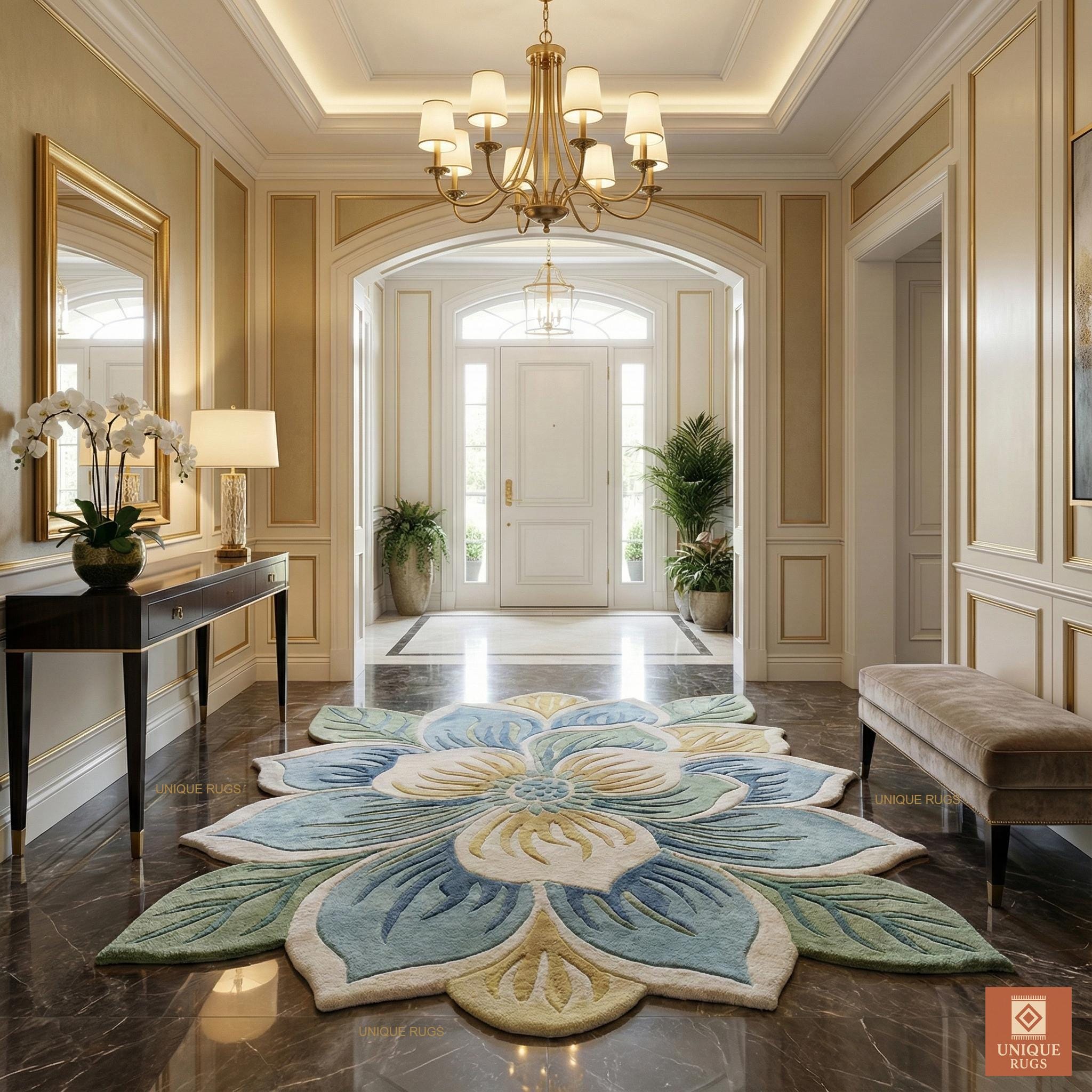 Large Hand Tufted Wool Floral Rug Unique Lotus Shape 3D Texture Blue ...