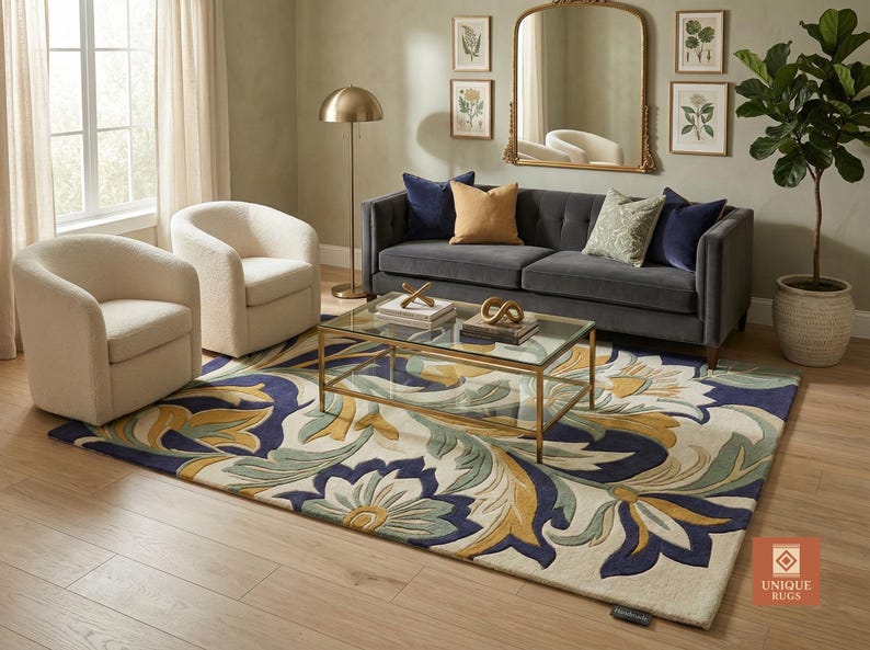 May include: A living room scene featuring a gray sofa, two cream-colored armchairs, and a patterned rug with blue, yellow, and green floral designs. A gold-framed coffee table and mirror add elegance. A floor lamp and potted plant complete the decor.