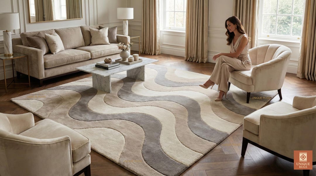 Modern Wavy Pattern Hand Tufted Wool Area Rug Neutral Beige Cream Grey ...
