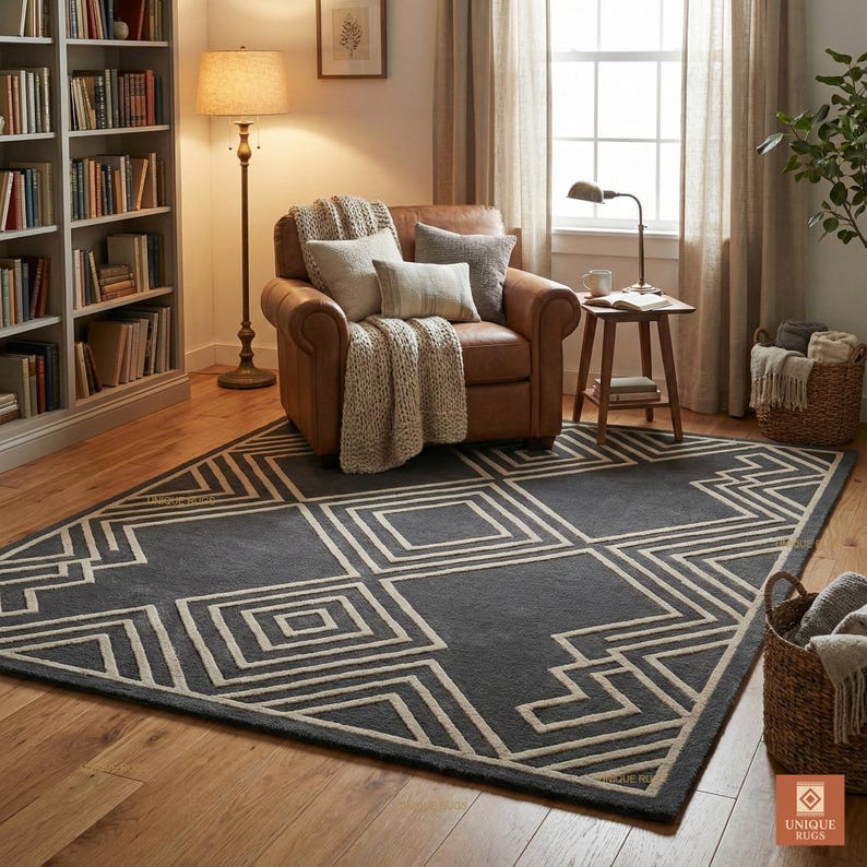 Gray Rugs Patterns Modern Hand Tufted Grey Wool Rug Abstract Geometric Maze Pattern for ...
