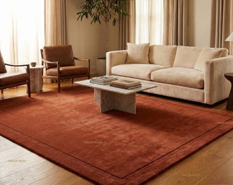 Hand Tufted Terracotta Wool Rug Modern Minimalist Burnt Orange Border Design For Living Room