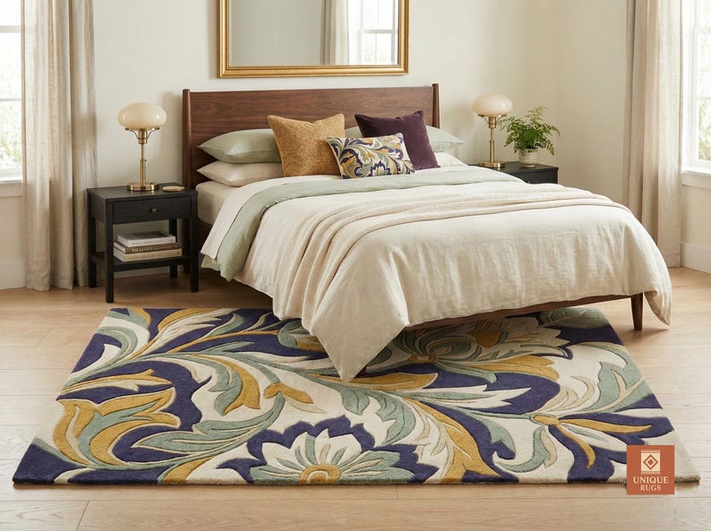 May include: A bedroom scene featuring a bed with a wooden headboard, pillows, and a cream-colored blanket. A patterned rug with blue, yellow, and green floral designs is on the floor. Two nightstands with lamps and books flank the bed.