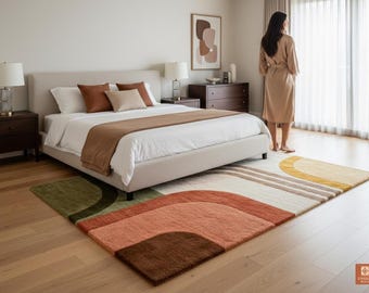 Retro Abstract Hand Tufted Wool Rug Mid Century Modern Geometric Arch Area Rug