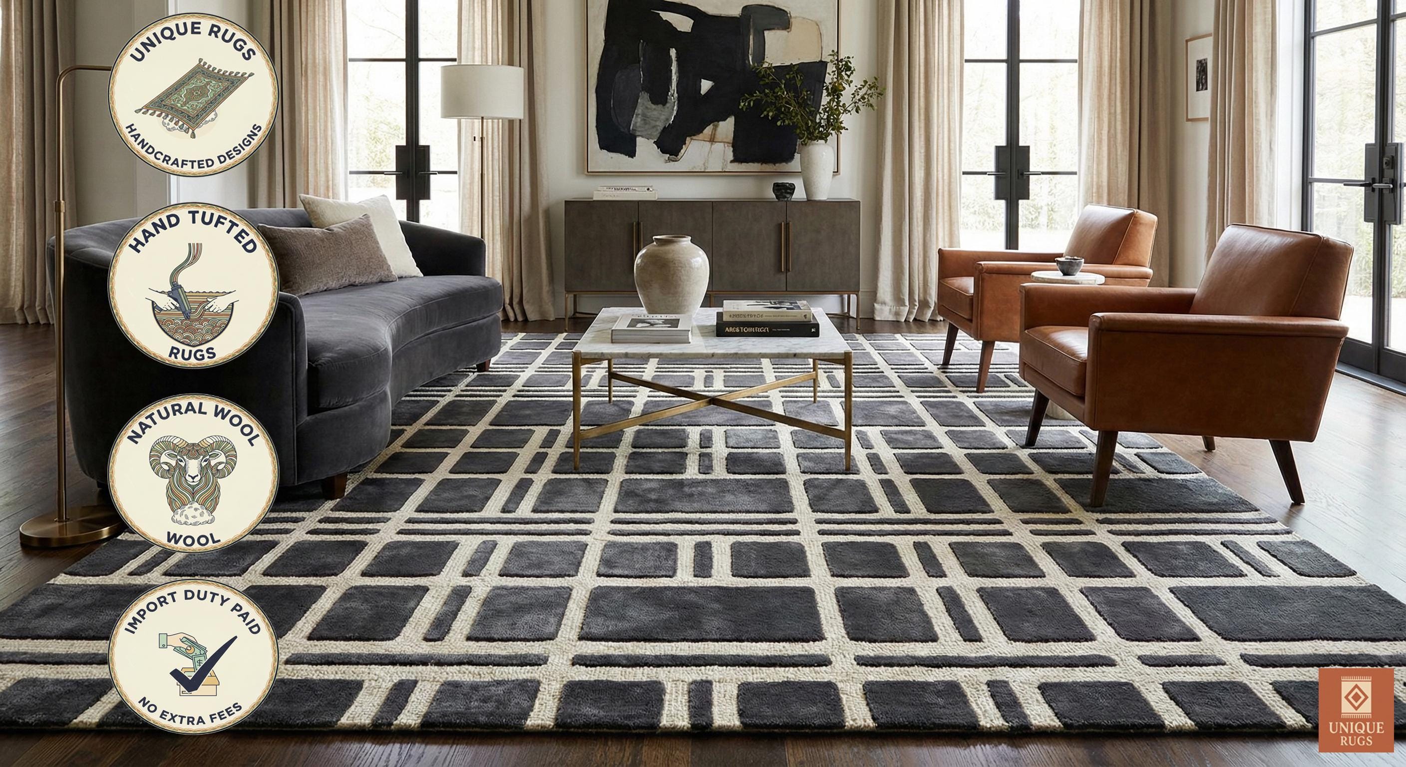 Charcoal Gray New Zealand Wool Geometric Rug Hand Tufted Modern Grid ...