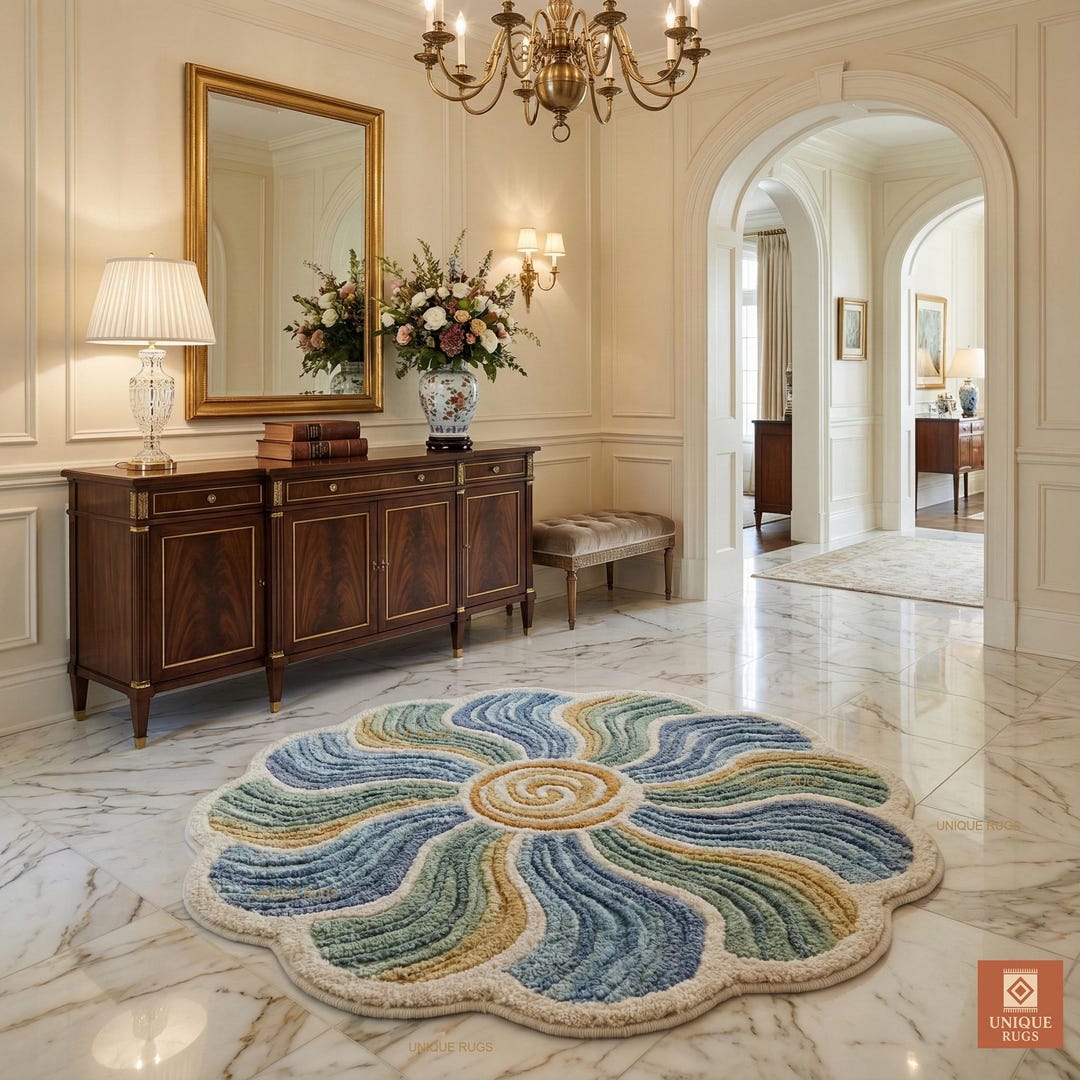 Round Hand Tufted Wool Rug Colorful Floral Spiral Design Blue Sage ...