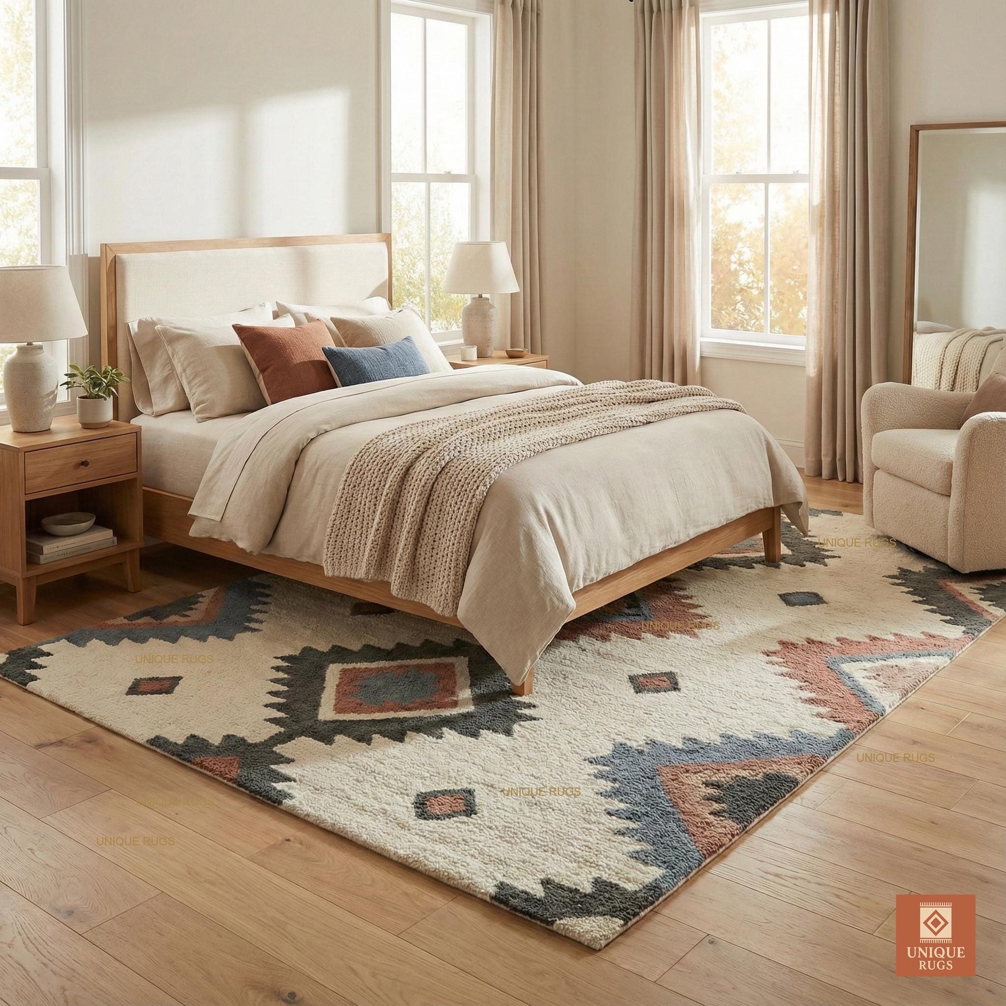Hand Tufted Wool Rug Southwestern Geometric Tribal Area Rug Cream