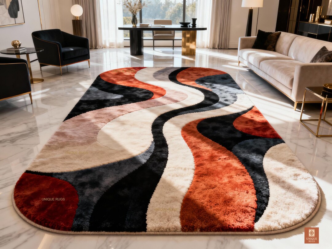 Hand Tufted Wool Rug Abstract Wavy Retro Area Carpet Modern Colorful ...
