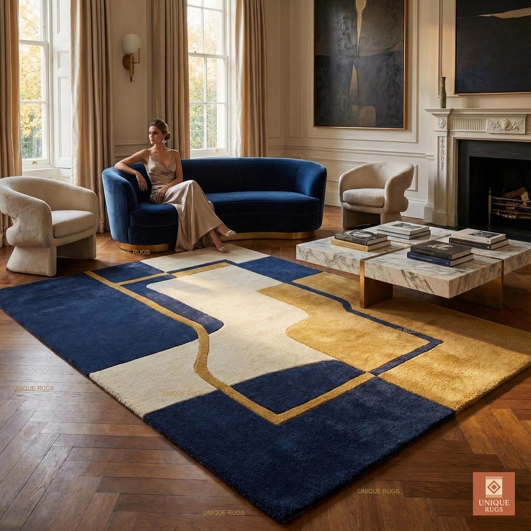 Modern Hand Tufted Wool Rug Blue Gold Geometric Abstract Design Luxury ...