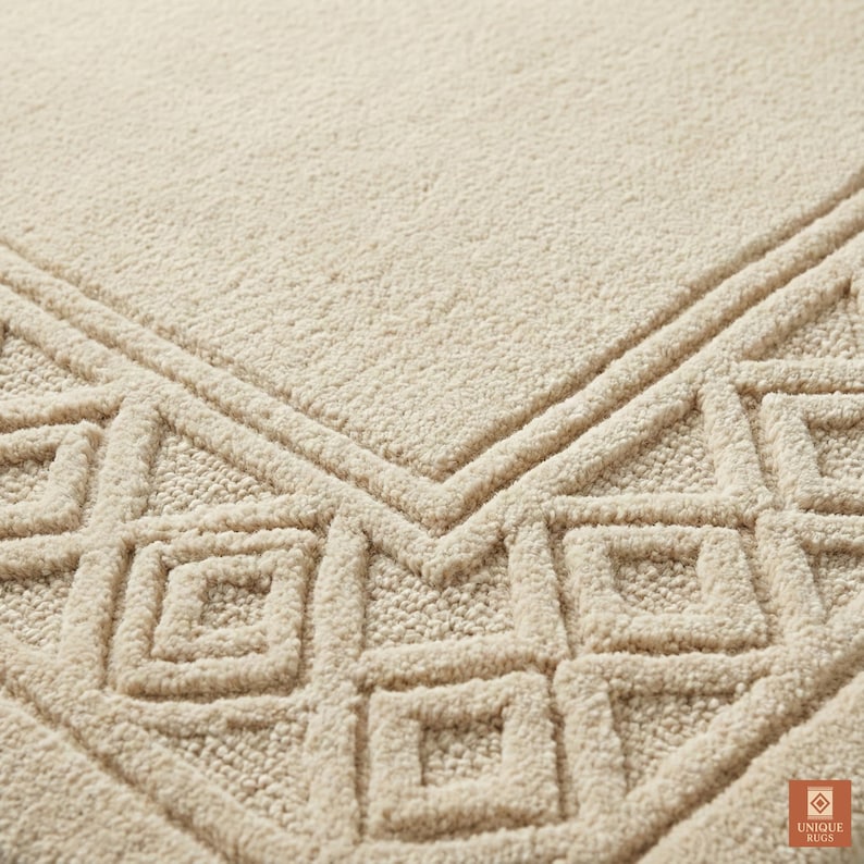Ivory Bobble Rug Luxury Hand Tufted Ivory Wool Rug Geometric Diamond Carved Border Area ...