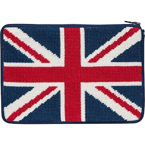 May include: A blue, red, and white needlepoint zippered pouch with the Union Jack flag design.