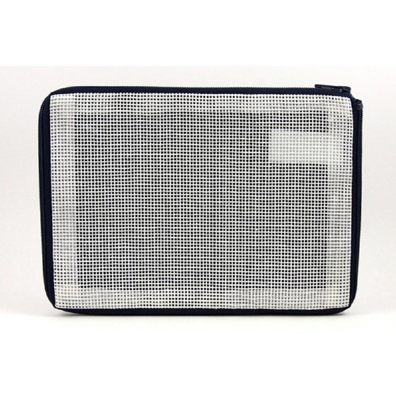 May include: A navy blue mesh zippered pouch with a white mesh interior. The pouch is ideal for organizing small items.