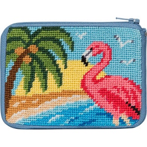 Stitch & Zip Needlepoint Coin Purse Kits-Beach/Summer-Shells, Flamingo, Flip Flops, Tropical Fish, Beach Accessories, Blue Fishes Flamingo
