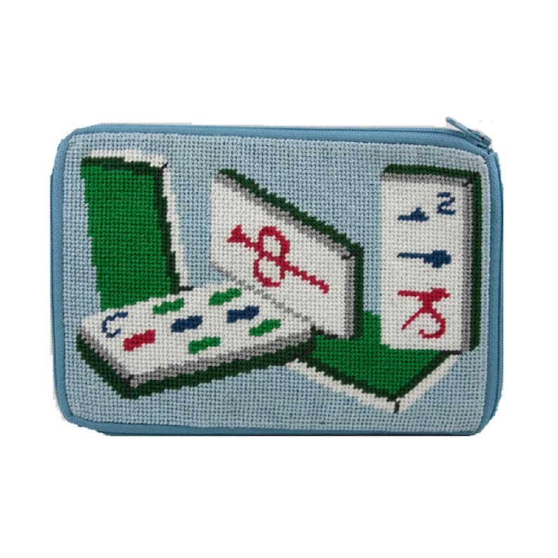 May include: A blue zippered pouch with a needlepoint design of mahjong tiles. The tiles are in a variety of colors, including red, green, and blue. The pouch is perfect for storing small items like jewelry or coins.