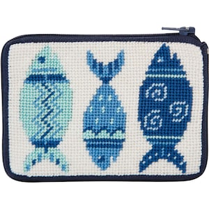 Stitch & Zip Needlepoint Coin Purse Kits-Beach/Summer-Shells, Flamingo, Flip Flops, Tropical Fish, Beach Accessories, Blue Fishes Blue Fishes