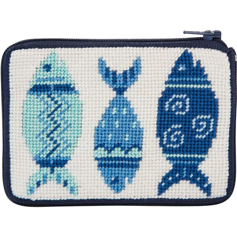 Stitch & Zip Needlepoint Coin Purse Kits-Beach/Summer-Shells, Flamingo, Flip Flops, Tropical Fish, Beach Accessories, Blue Fishes Blue Fishes