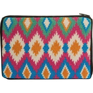 May include: A colorful zippered pouch with a geometric pattern in shades of pink, blue, green, orange, and white. The pattern is reminiscent of traditional ikat textiles.
