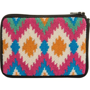 May include: A small, colorful zippered pouch with a geometric pattern in shades of pink, blue, green, white, and orange. The pouch is made of needlepoint fabric.