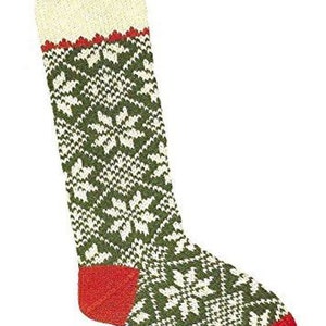 May include: A green, white, and red knitted Christmas stocking with a snowflake pattern.