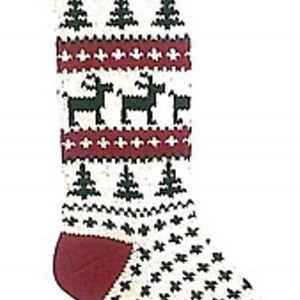 May include: A white knitted Christmas stocking with a green, red, and white pattern. The stocking features a reindeer design and a red cuff.