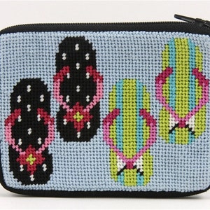 Stitch & Zip Needlepoint Coin Purse Kits-Beach/Summer-Shells, Flamingo, Flip Flops, Tropical Fish, Beach Accessories, Blue Fishes Flip Flops