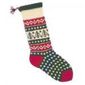 May include: A knitted Christmas stocking with a red, white, and green pattern. The stocking has a white cuff and a red toe.