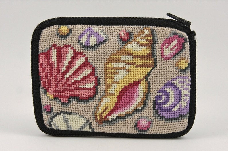 Stitch & Zip Needlepoint Coin Purse Kits-Beach/Summer-Shells, Flamingo, Flip Flops, Tropical Fish, Beach Accessories, Blue Fishes Shells