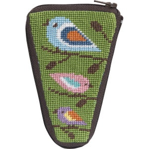 May include: A green zippered pouch with a needlepoint design of three colorful birds on branches. The birds are blue, pink, and purple with orange and yellow accents.