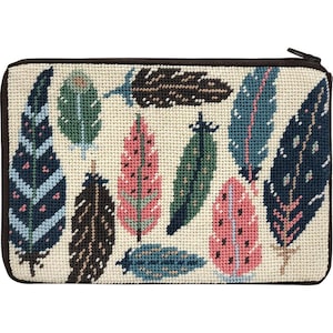 May include: A beige needlepoint zippered pouch with a brown zipper and a design of colorful feathers in shades of blue, green, pink, and brown.