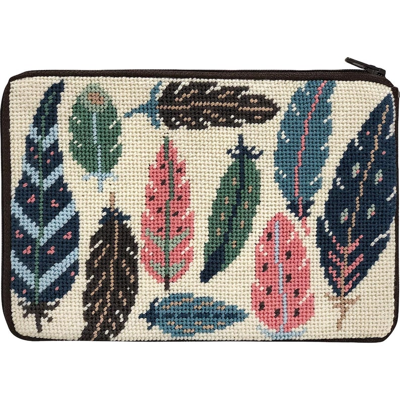 May include: A beige needlepoint zippered pouch with a brown zipper and a design of colorful feathers in shades of blue, green, pink, and brown.