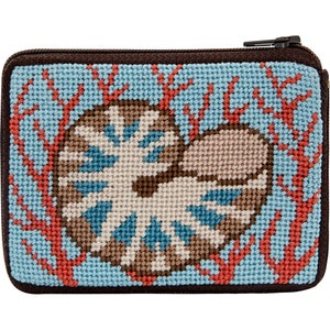 Stitch & Zip Needlepoint Coin Purse Kits-Beach/Summer-Shells, Flamingo, Flip Flops, Tropical Fish, Beach Accessories, Blue Fishes Shell and Coral