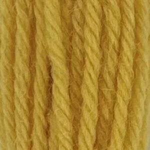 May include: Close-up of a skein of yellow yarn. The yarn is tightly twisted, with visible strands creating a textured surface. The color is a bright, sunny yellow, ideal for knitting or crocheting projects.
