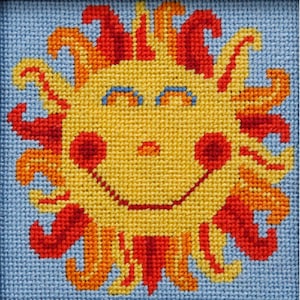 May include: A smiling yellow sun with red and orange rays, embroidered on a blue background.