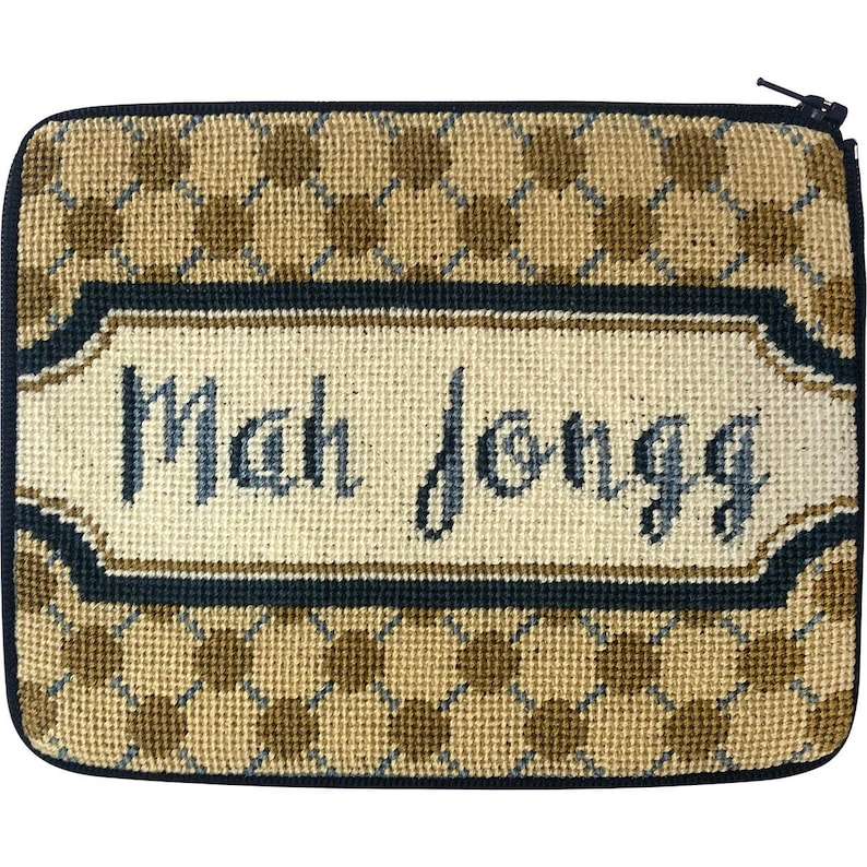 May include: A beige and brown needlepoint zippered pouch with a black border and the words "Mah Jongg" embroidered in blue and white.