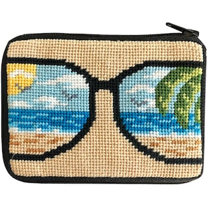 Stitch & Zip Needlepoint Coin Purse Kits-Beach/Summer-Shells, Flamingo, Flip Flops, Tropical Fish, Beach Accessories, Blue Fishes Life's a Beach