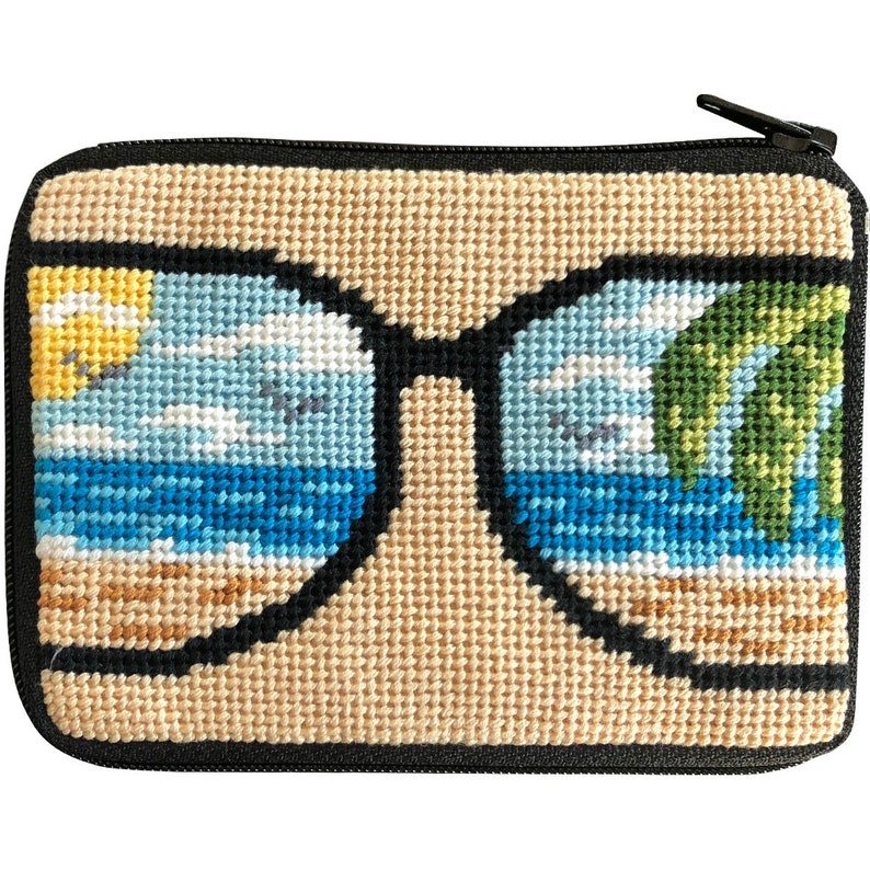 Stitch & Zip Needlepoint Coin Purse Kits-Beach/Summer-Shells, Flamingo, Flip Flops, Tropical Fish, Beach Accessories, Blue Fishes Life's a Beach