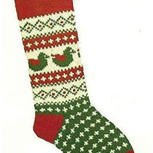 May include: A red and green Christmas stocking with a white and green geometric pattern and a red cuff. The stocking features a repeating pattern of birds.